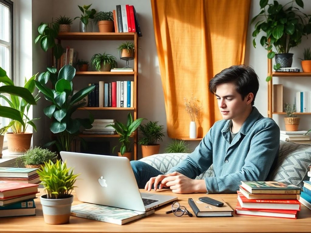 Antreprenor tânăr lucrând la laptop într-un birou modern.