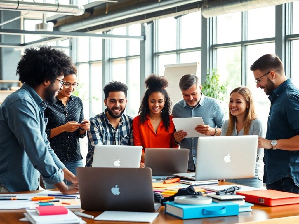 Grup divers de antreprenori colaborând într-un birou modern.