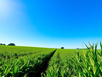 Peisaj agricol cu câmpuri verzi și cer senin.