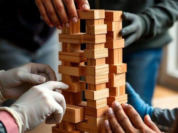 Oameni lucrează împreună construind un turn din blocuri.