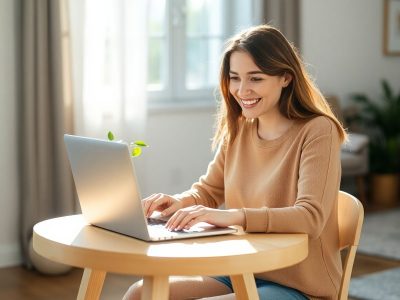 Femeie zâmbind, folosind laptopul acasă