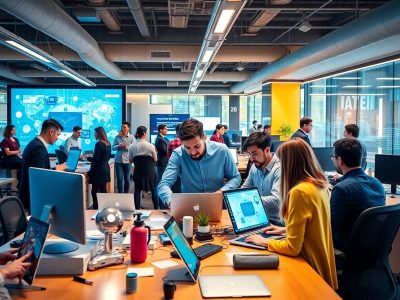 Birou futurist cu profesioniști și tehnologie avansată.